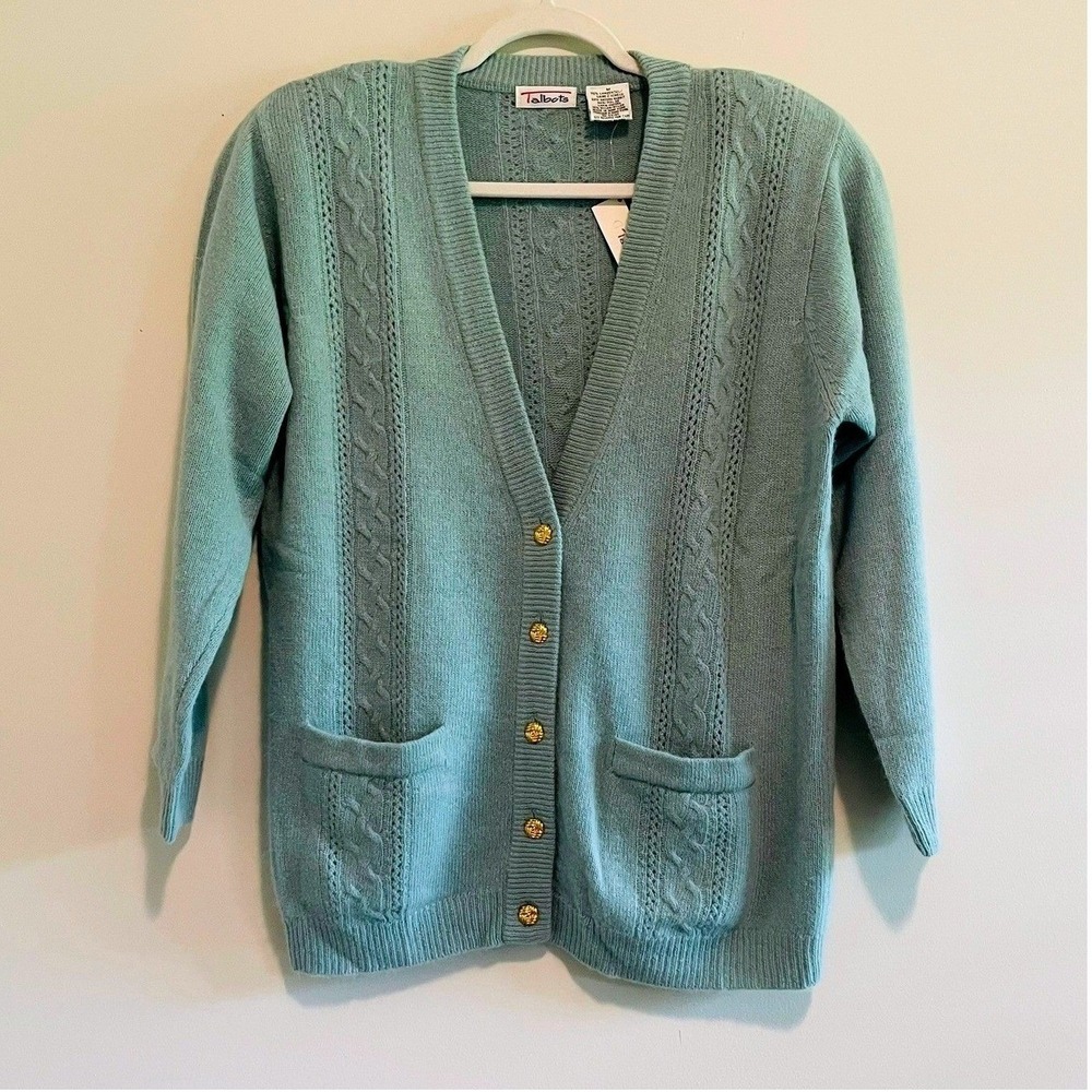 NEW Talbots Cardigan M Green Cable Knit Sweater Lambswool Blend Gold Button Cozy